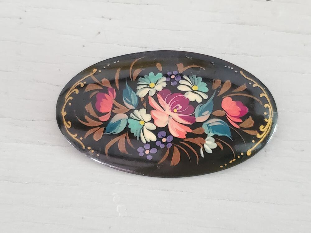 Vintage Russian Signed Hand Painted Floral Brooch Pin